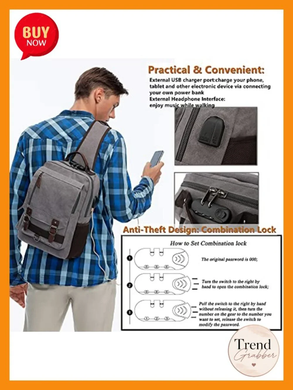 Retro Canvas Crossbody Sling Bag with Laptop Compartment, USB Port, Anti-Theft
